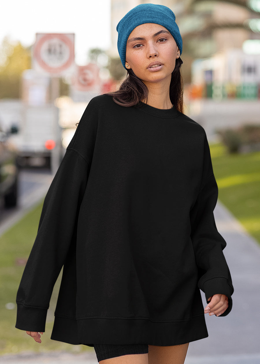 Solid Women Drop Shoulder Loose Fit Premium Terry Sweatshirt - Black
