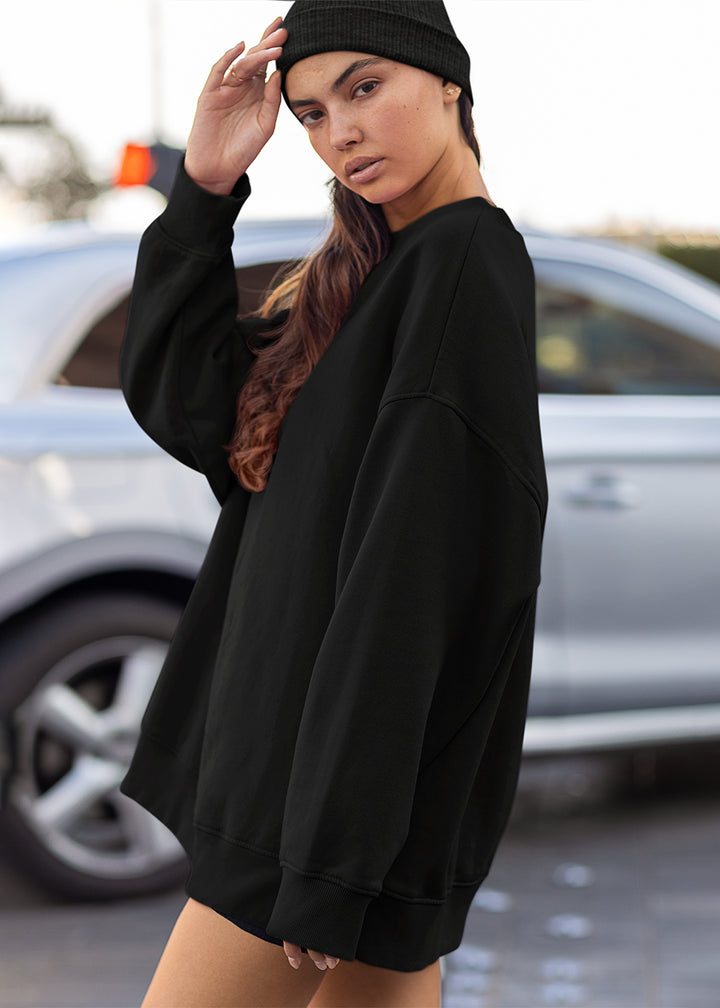 Solid Women Drop Shoulder Premium Sweatshirt | Black | Pronk