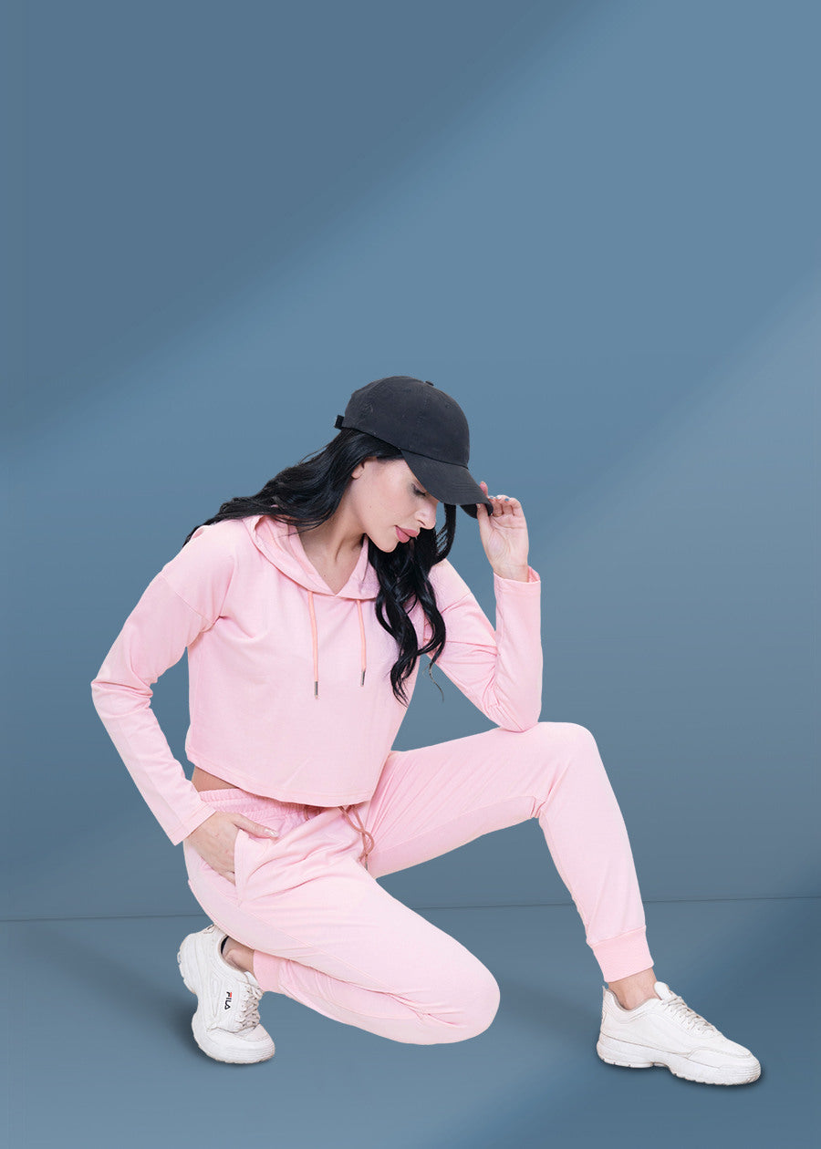 Millenial Pink Cropped Hoodie Co ord Set For Women | Pronk