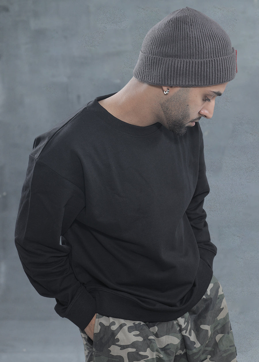 Solid Black Men Drop Shoulder Premium Terry Sweatshirt