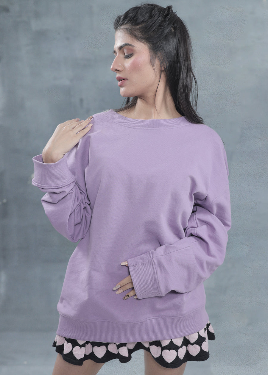 Solid Lilac Women Drop Shoulder Loose Fit Premium Terry Sweatshirt