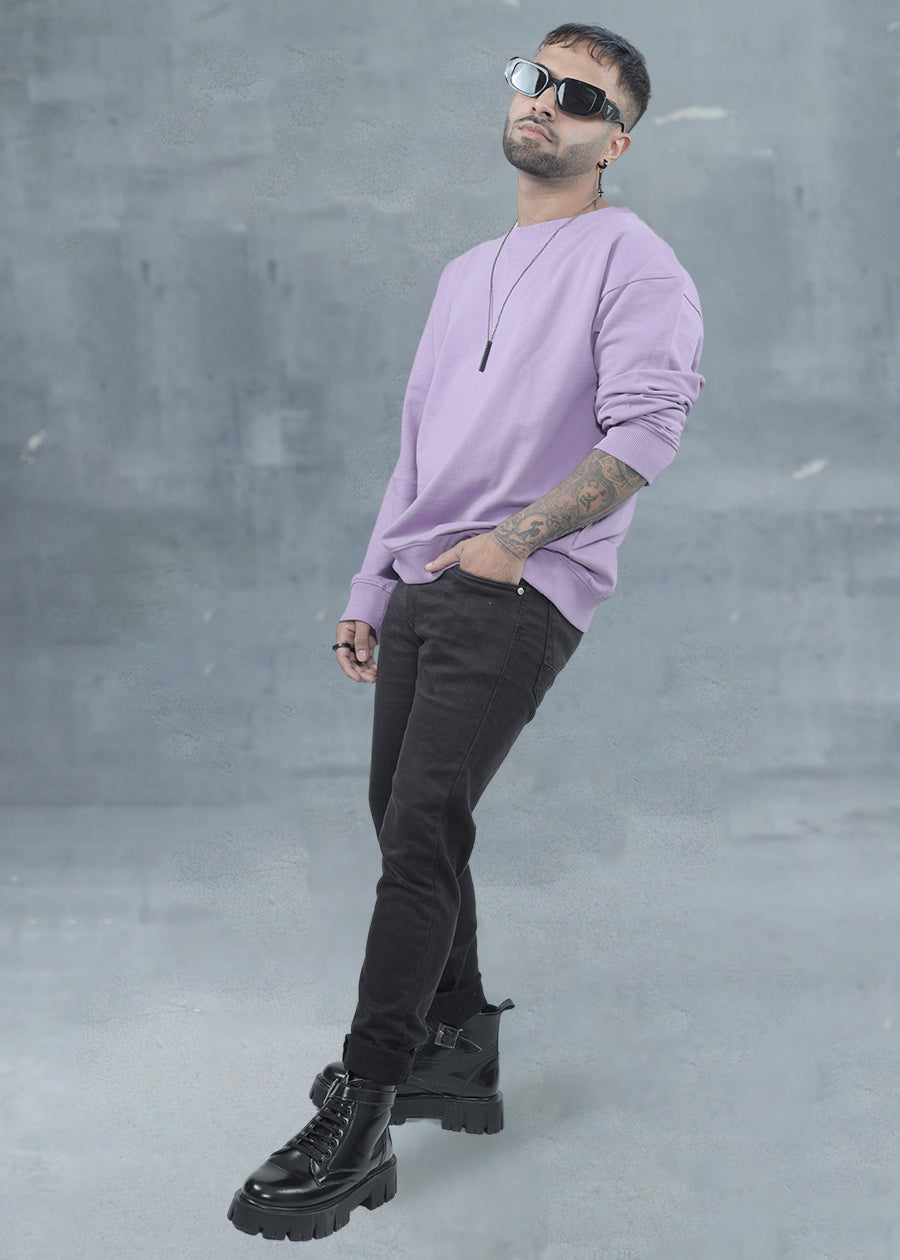 Solid Lilac Men Drop Shoulder Premium Terry Sweatshirt