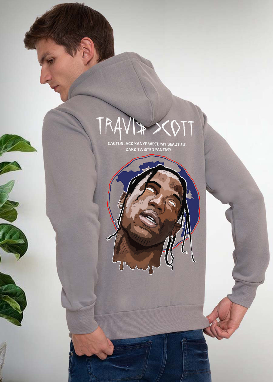 Travis Scott Printed Men Fleece Hoodie Sweatshirt: Ash Grey