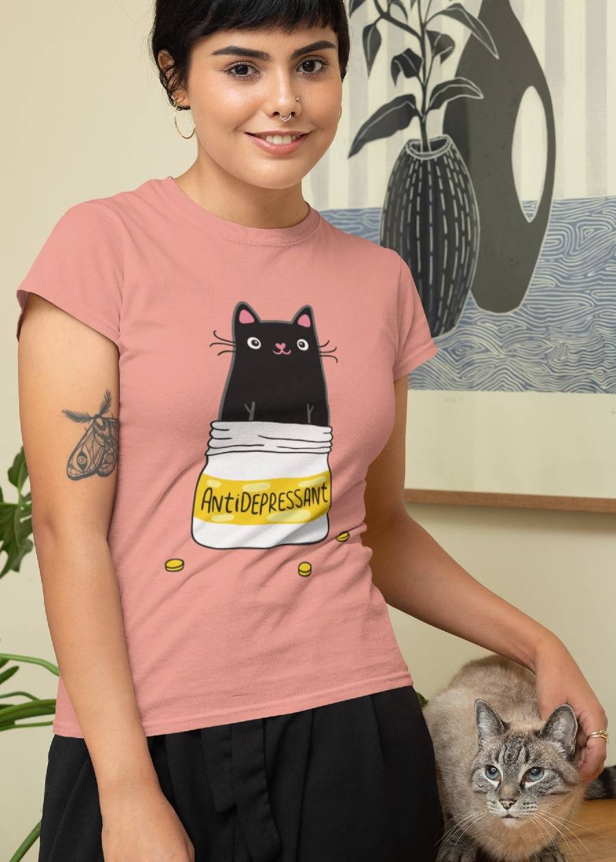 Antidepressant Cat Women Half Sleeve T-Shirt - Teeshut