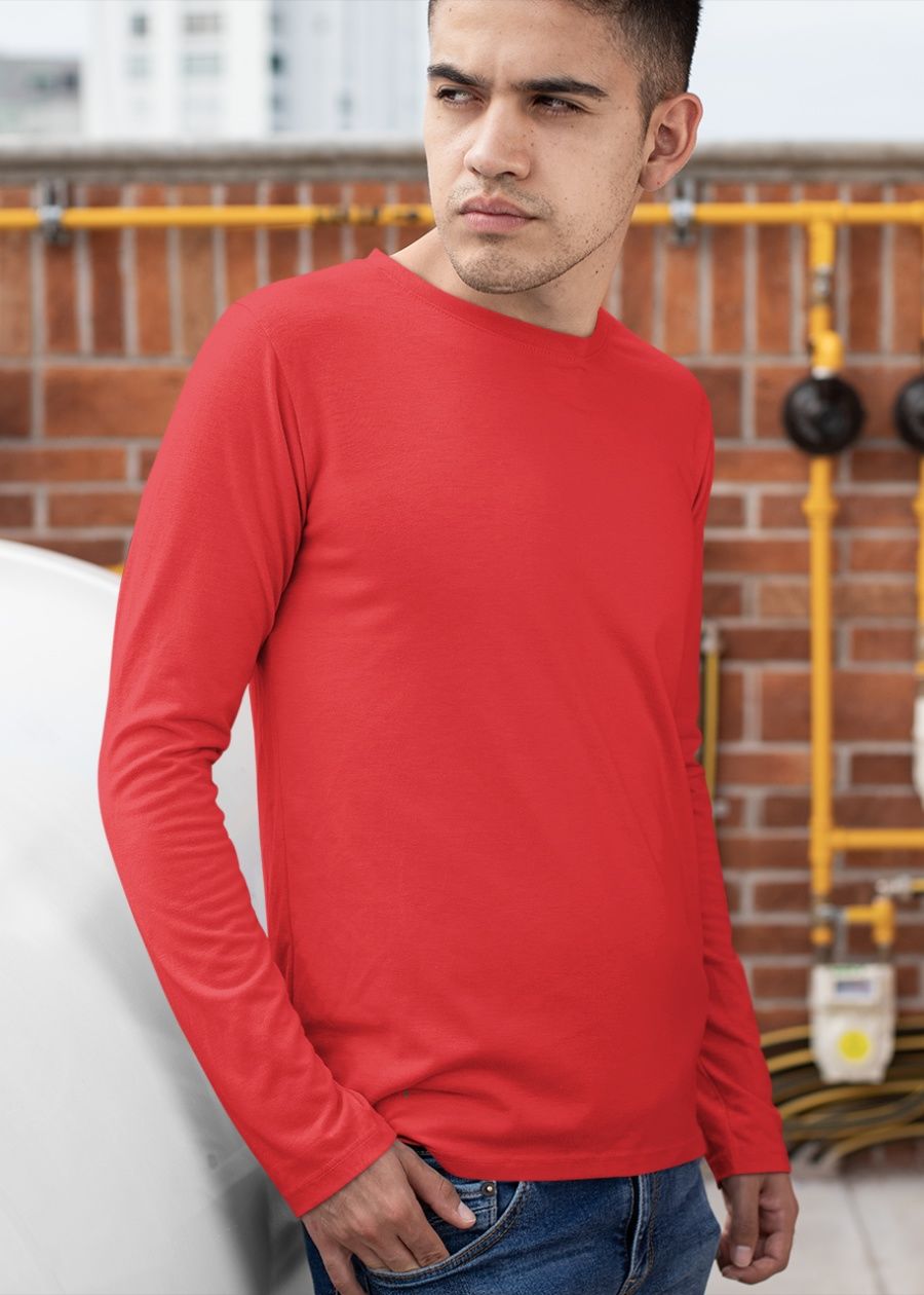 Solid Men Full Sleeve T-Shirt - Candy Red