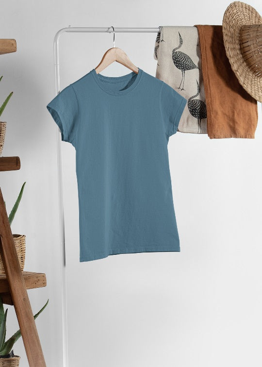 Women Solid Half Sleeve T-Shirt - Teal Blue