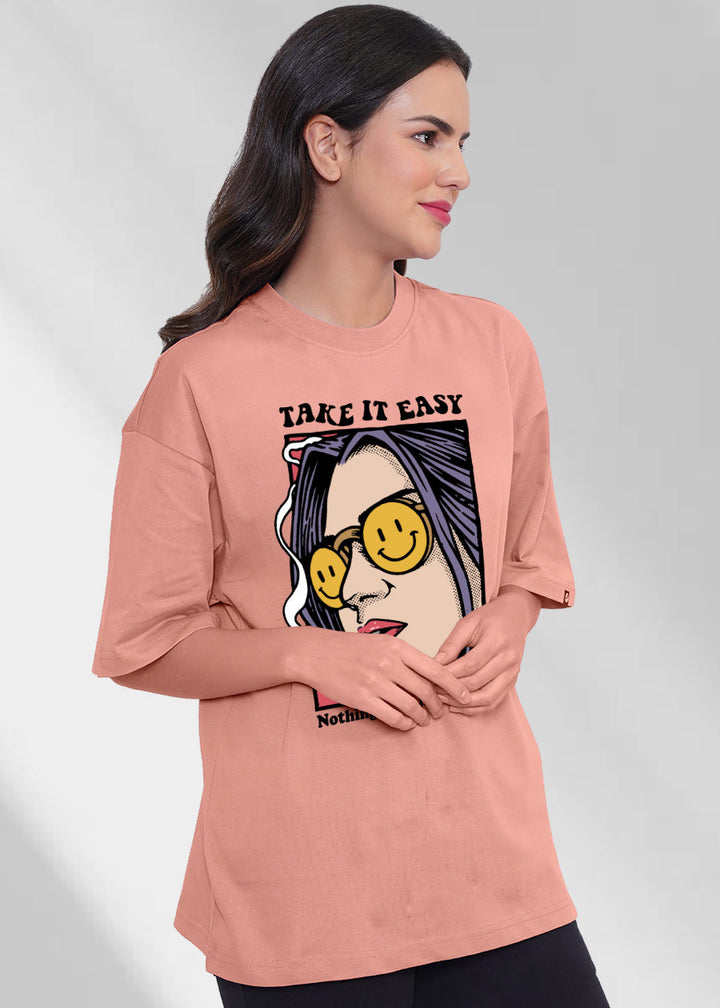 Take It Easy Women Oversized T-Shirt - Salmon Pink
