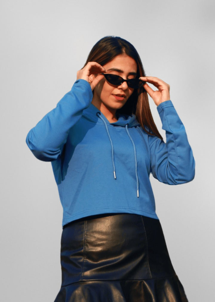 Women Cropped Solid Hoodie - Denim Blue